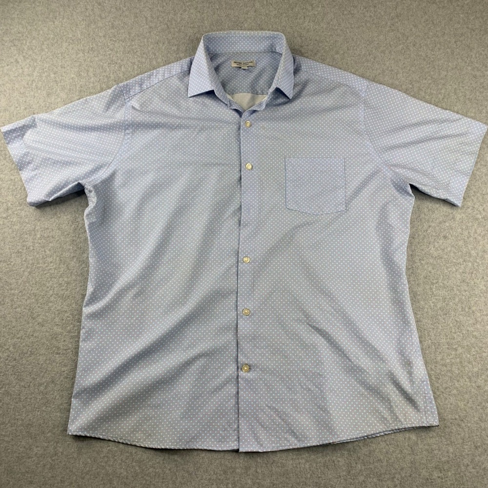 Peter Millar Shirt Mens L Blue Summer Comfort Short Sleeve Geometric Button Down